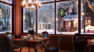 Snow Night on Window at Coffee Shop Ambience with Relaxing Smooth Jazz Music and Snow Falling
