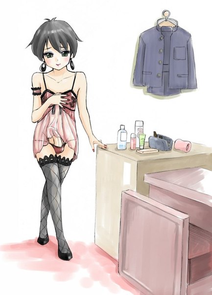 Uniform panties crossdresser anime