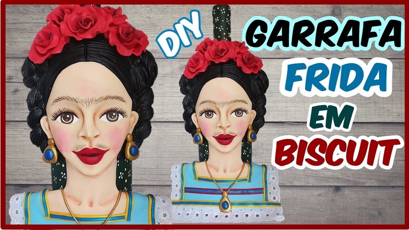 GARRAFA DECORADA COM BISCUIT, FRIDA DE BISCUIT PASSO A PASSO, RECICLANDO GARRAFA DE